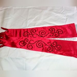 Rhinestoned Red Satin Stretch Opera Gloves (OS)